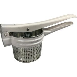 Vintage white Enamel Handle Metal Potato Ricer Masher Strainer Kitchen Utensil